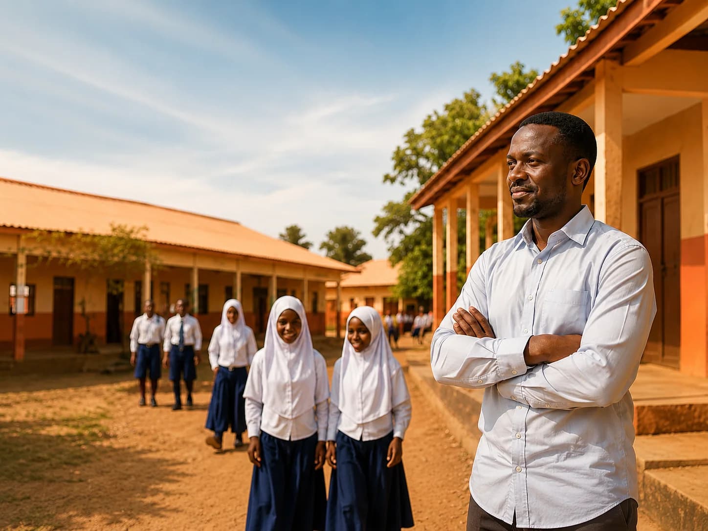 Community teacher leading students outside a school building
